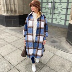 H&M blue plaid Oversized Coat